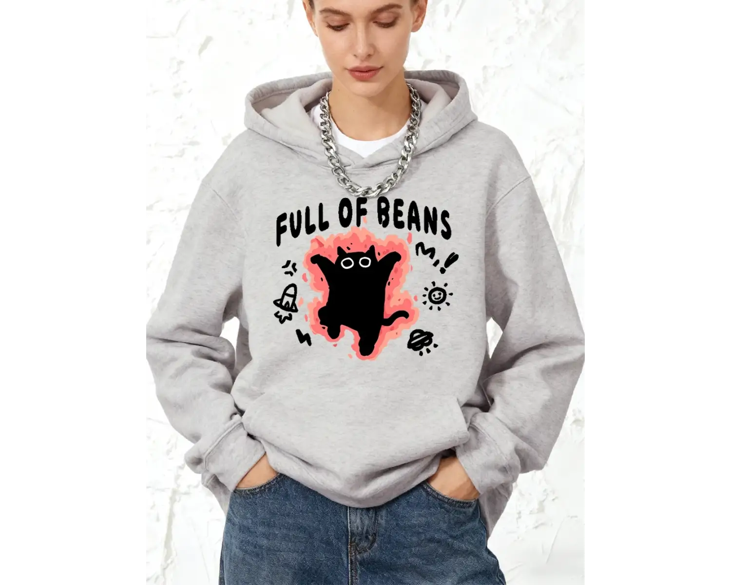 Fasulye Dolu Kedi Baskılı Kapüşonlu Üstler Pamuklu Kadın Eşofman Cepli Kazaklar Sportif Bol S