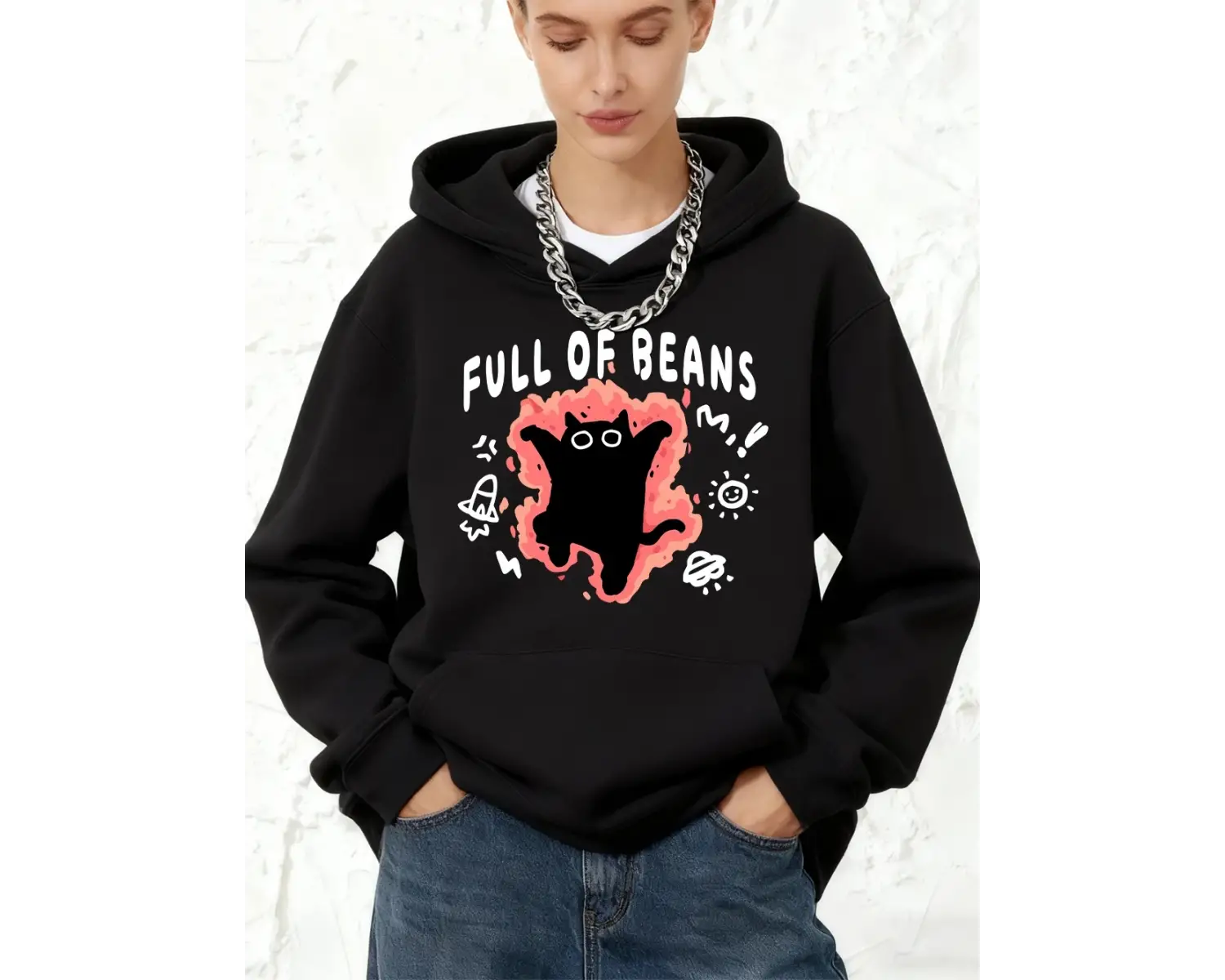 Fasulye Dolu Kedi Baskılı Kapüşonlu Üstler Pamuklu Kadın Eşofman Cepli Kazaklar Sportif Bol S