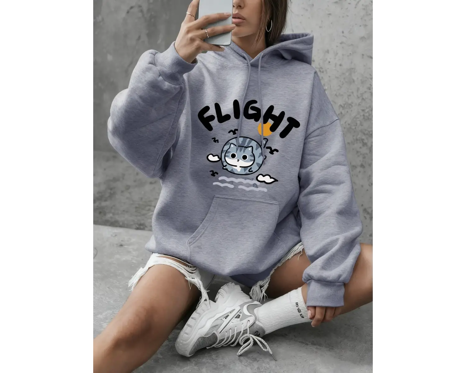 Fight Cat Balık Yakalar Baskılı Tişörtler Bayan Günlük Bol Kapüşonlu Üstler Kışlık Polar Sıca