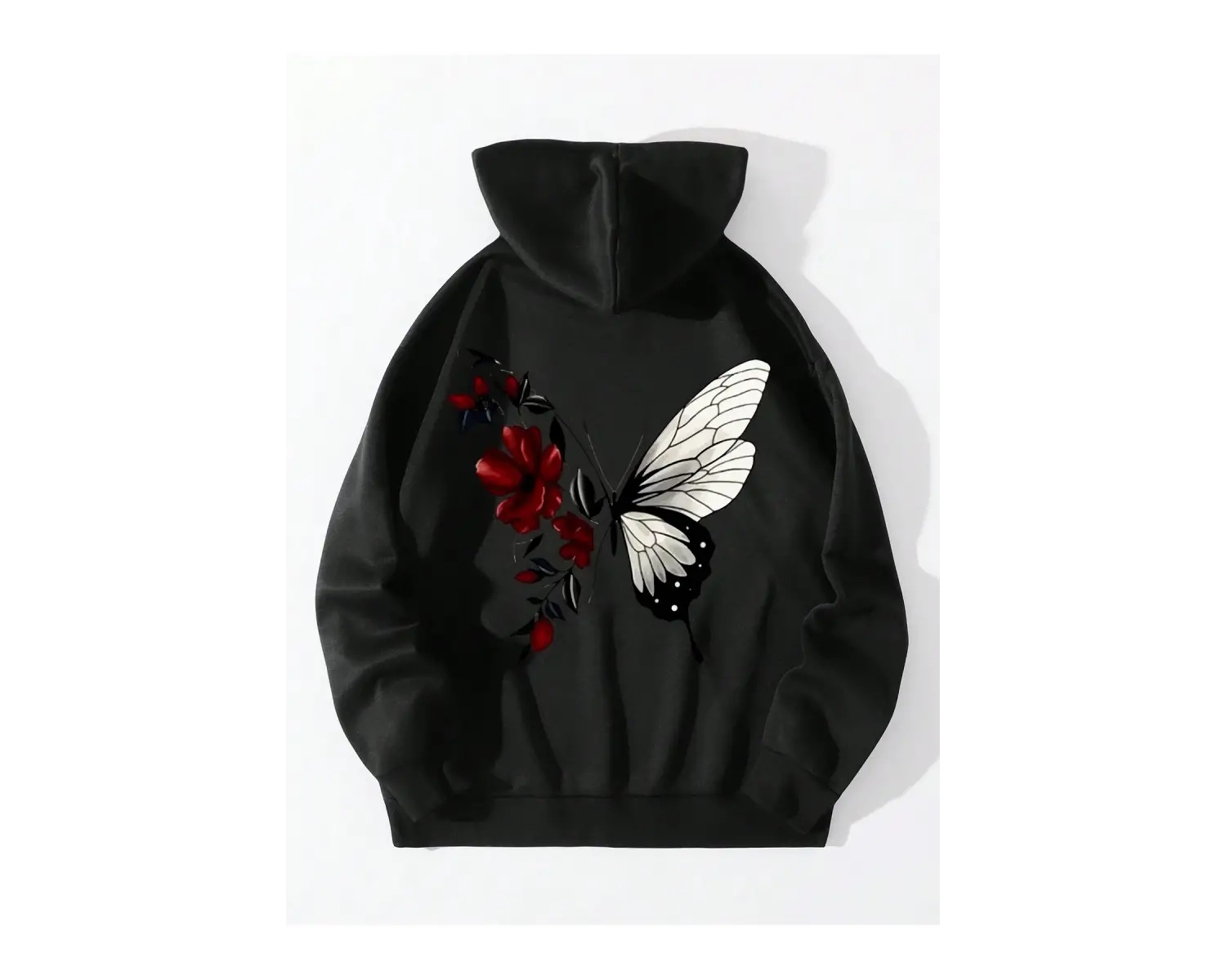 Floral & Butterfly Print Drawstring Lined Hoodie Siyah
