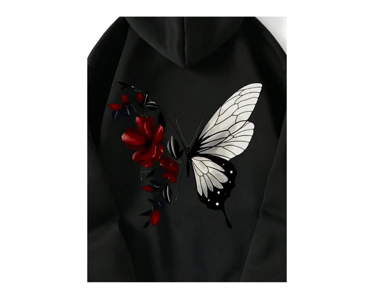 Floral & Butterfly Print Drawstring Lined Hoodie Siyah