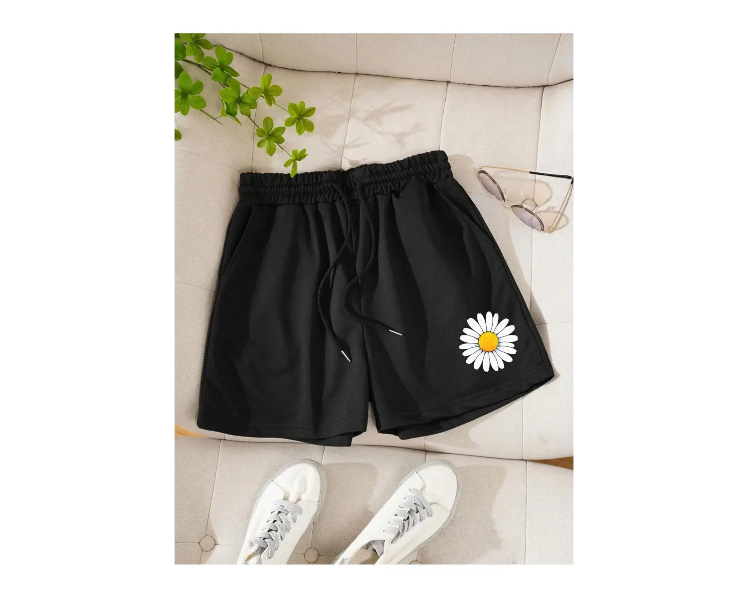 Floral Print Drawstring Waist Şort