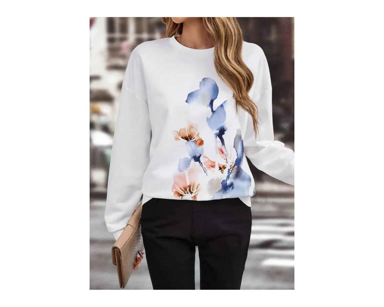 Floral Print Drop Shoulder Sweatshirt Beyaz