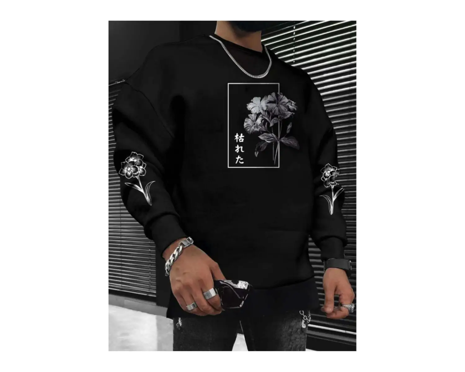 Flower Oversize Bisiklet Yaka Pamuklu Sweatshirt Siyah