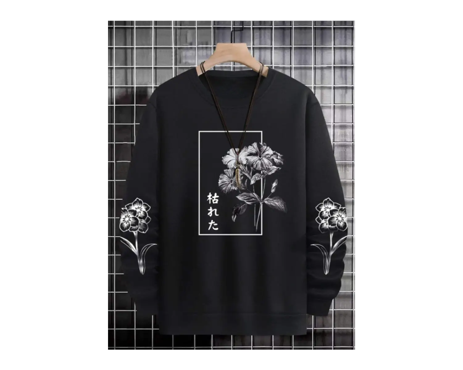 Flower Oversize Bisiklet Yaka Pamuklu Sweatshirt Siyah