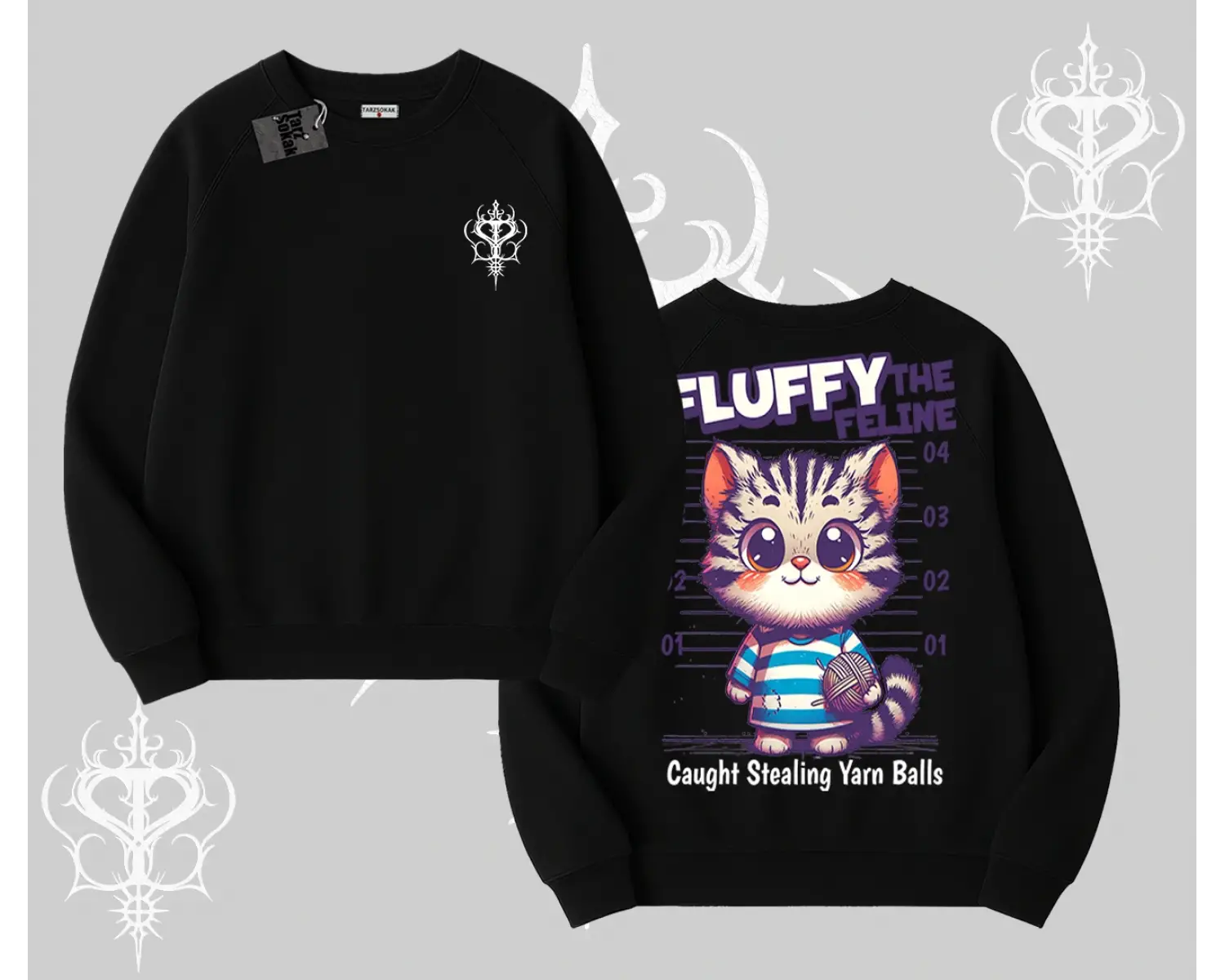 Fluffy The Feline Yazılı Sevimli Kedi Arka Baskılı Biskilet Sweatshirt