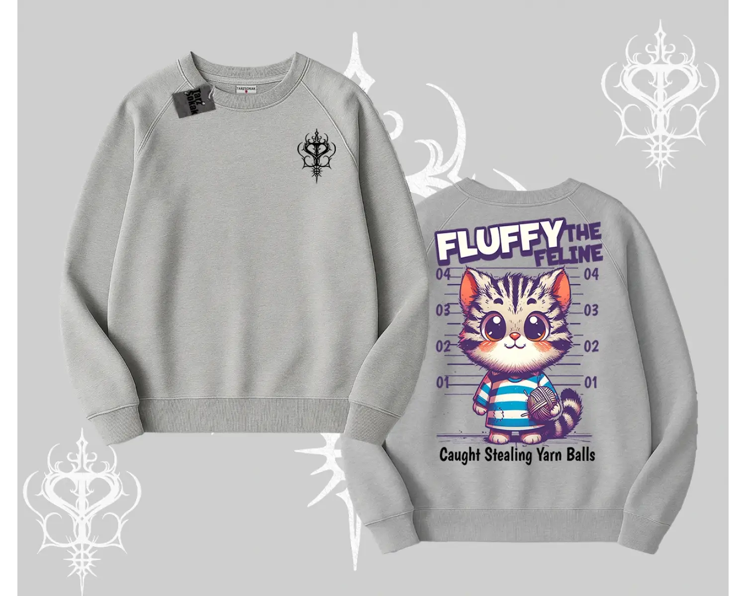 Fluffy The Feline Yazılı Sevimli Kedi Arka Baskılı Biskilet Sweatshirt