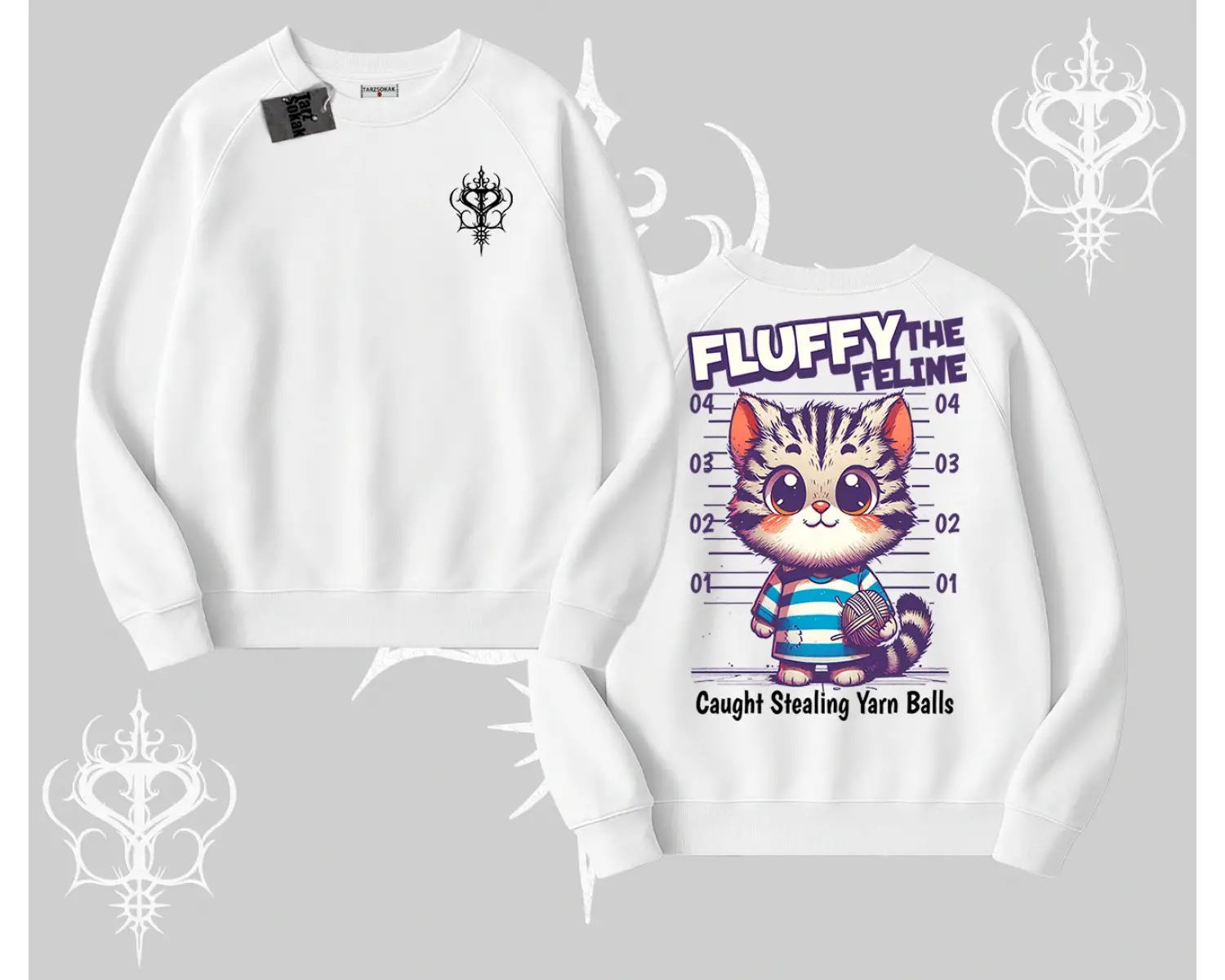 Fluffy The Feline Yazılı Sevimli Kedi Arka Baskılı Biskilet Sweatshirt