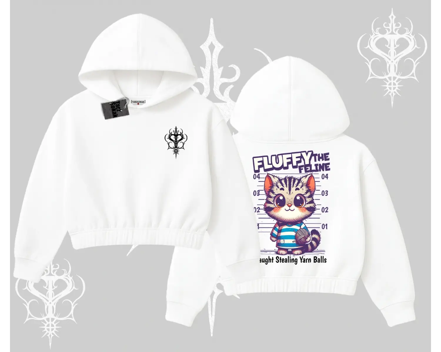 Fluffy The Feline Yazılı Sevimli Kedi Arka Baskılı Kapşonlu Crop Sweatshirt