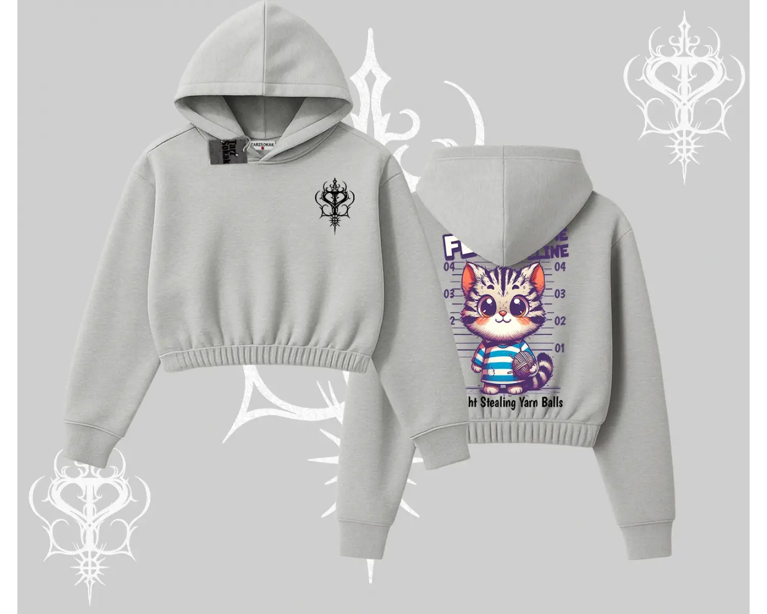 Fluffy The Feline Yazılı Sevimli Kedi Arka Baskılı Kapşonlu Crop Sweatshirt