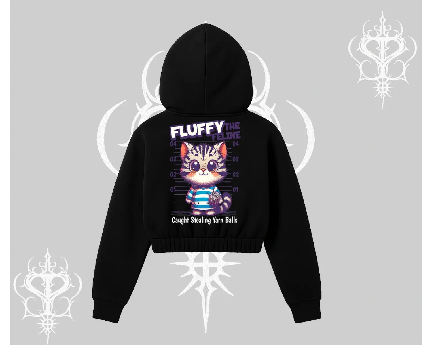 Fluffy The Feline Yazılı Sevimli Kedi Arka Baskılı Kapşonlu Crop Sweatshirt