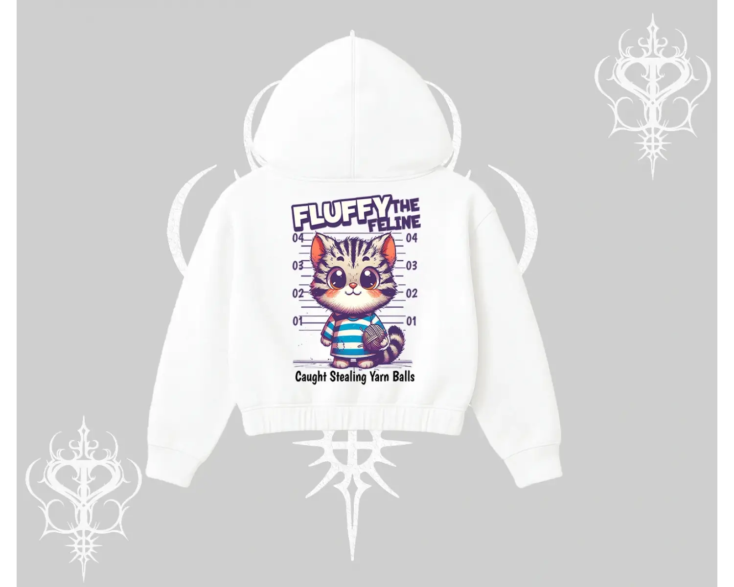 Fluffy The Feline Yazılı Sevimli Kedi Arka Baskılı Kapşonlu Crop Sweatshirt