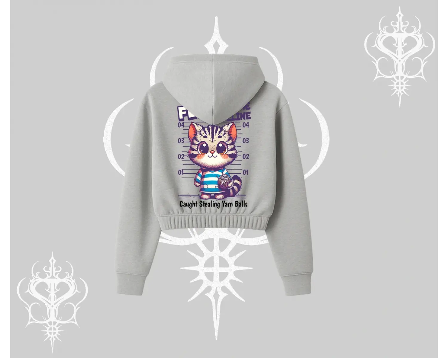 Fluffy The Feline Yazılı Sevimli Kedi Arka Baskılı Kapşonlu Crop Sweatshirt