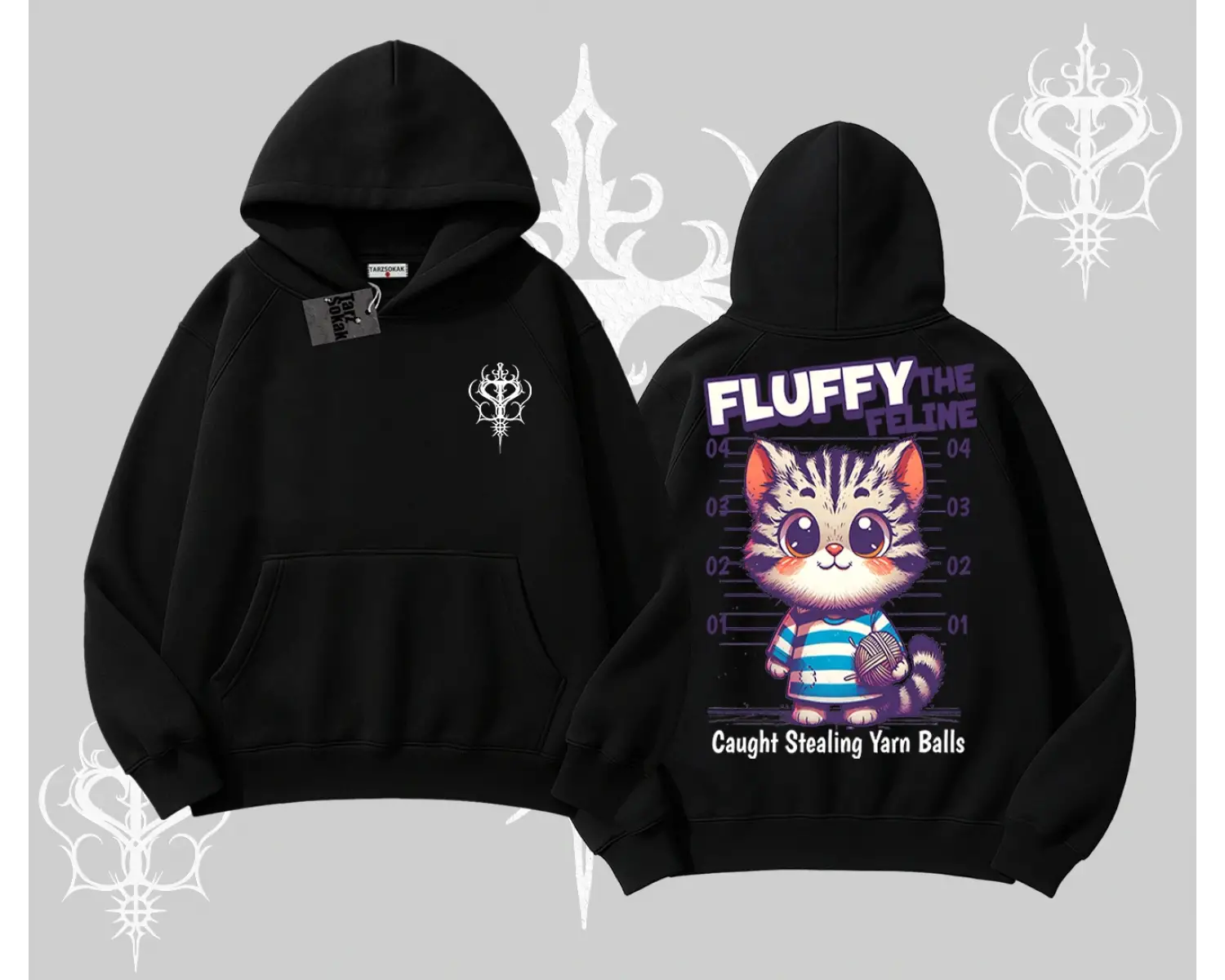 Fluffy The Feline Yazılı Sevimli Kedi Arka Baskılı Kapşonlu Sweatshirt