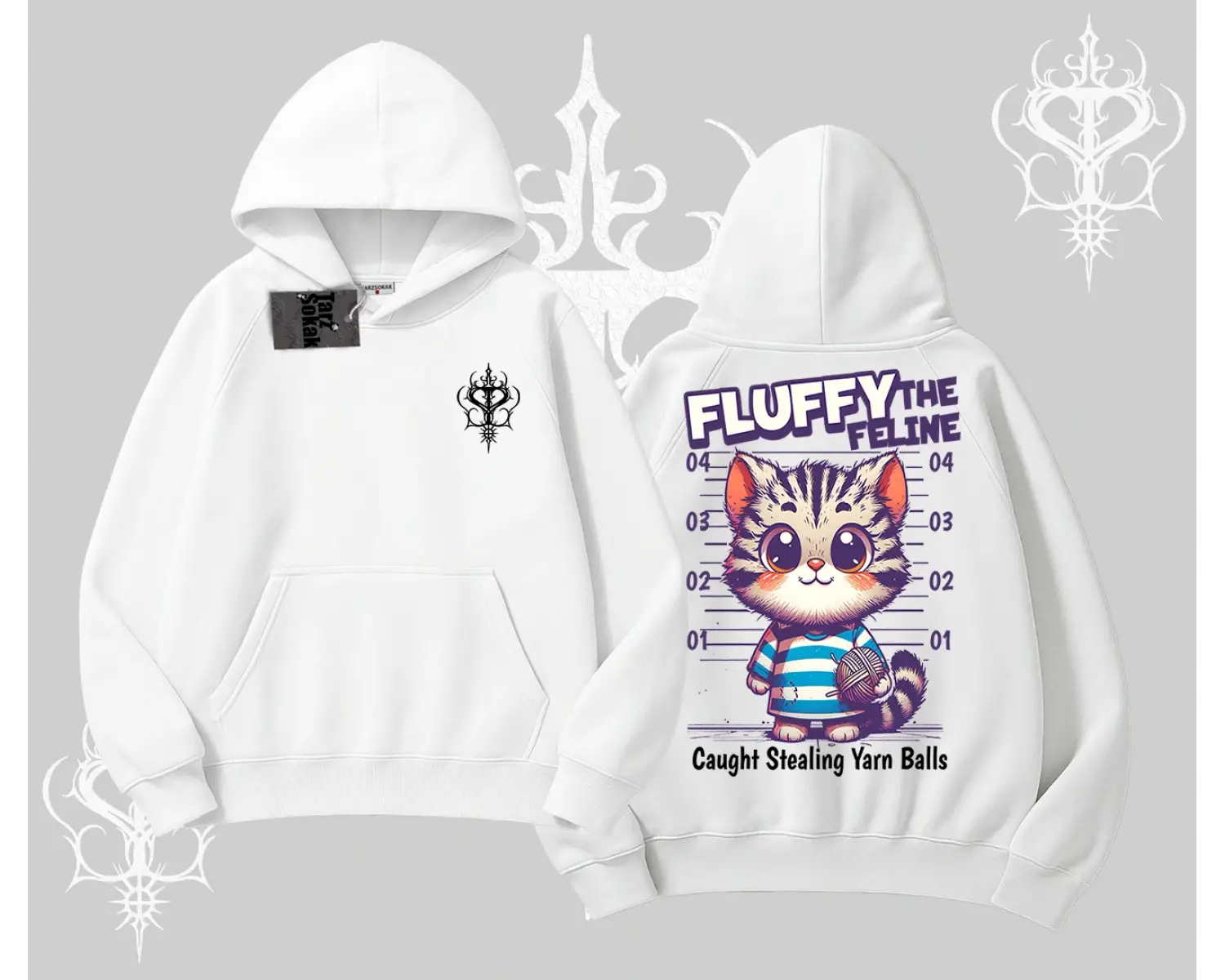 Fluffy The Feline Yazılı Sevimli Kedi Arka Baskılı Kapşonlu Sweatshirt