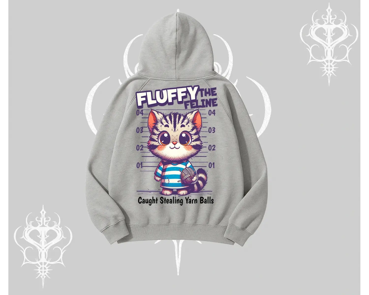 Fluffy The Feline Yazılı Sevimli Kedi Arka Baskılı Kapşonlu Sweatshirt
