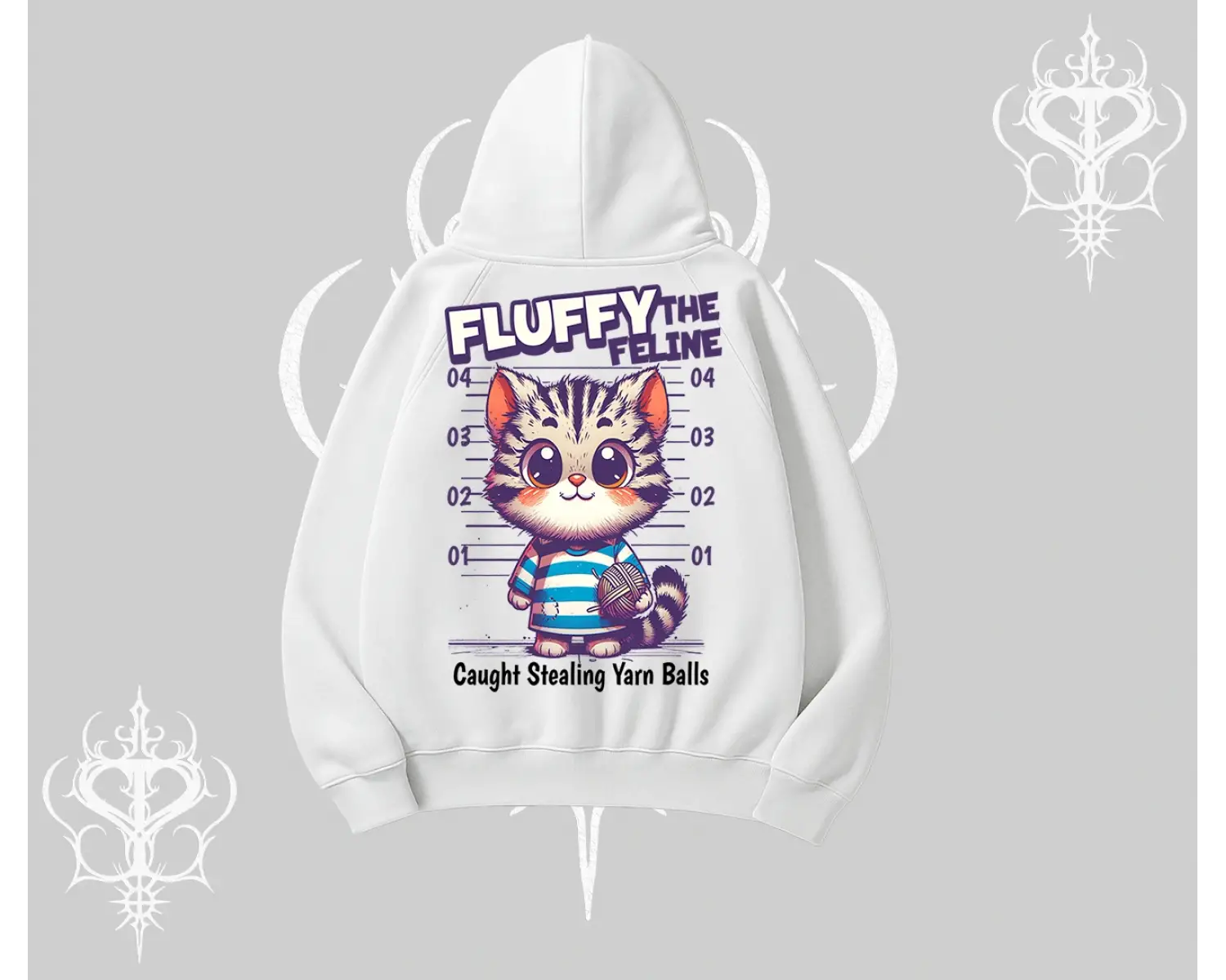 Fluffy The Feline Yazılı Sevimli Kedi Arka Baskılı Kapşonlu Sweatshirt