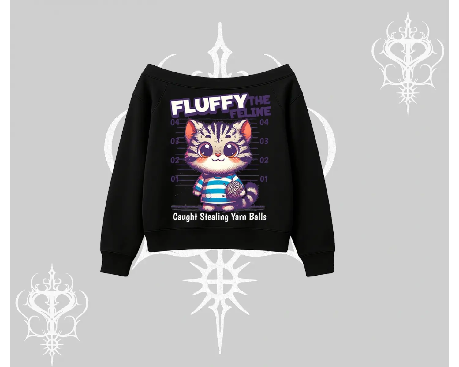 Fluffy The Feline Yazılı Sevimli Kedi Arka Baskılı Kayık Yaka Sweatshirt