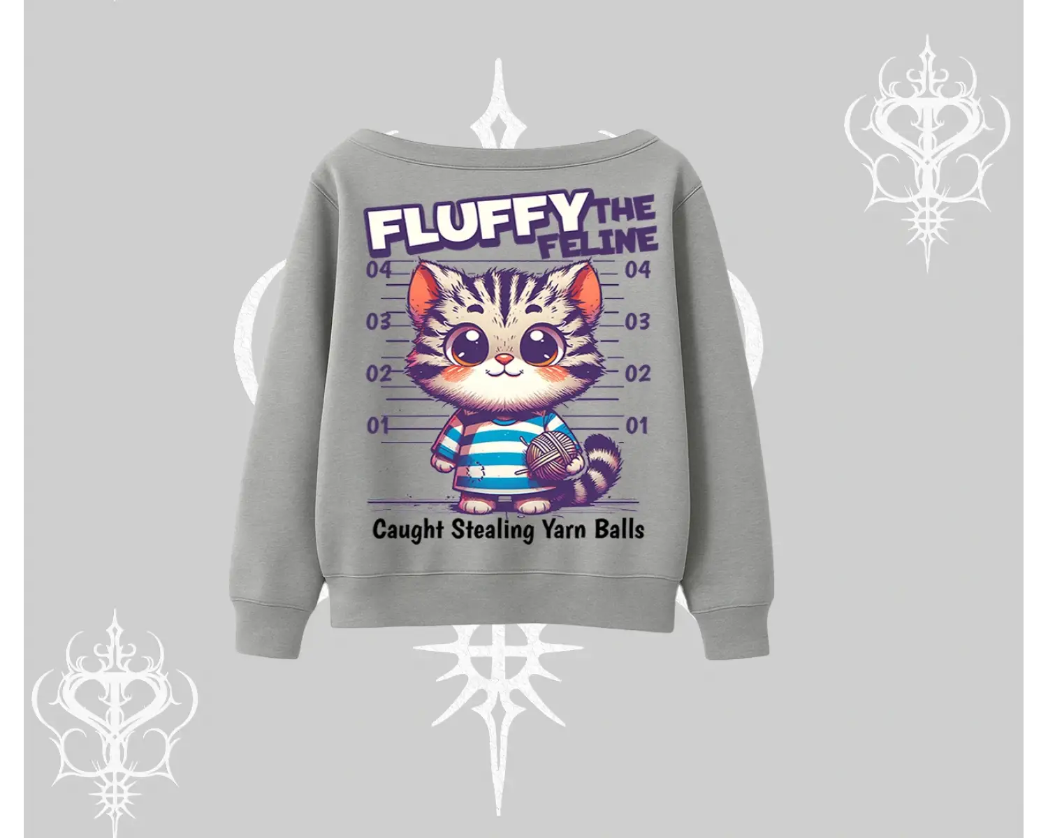 Fluffy The Feline Yazılı Sevimli Kedi Arka Baskılı Kayık Yaka Sweatshirt