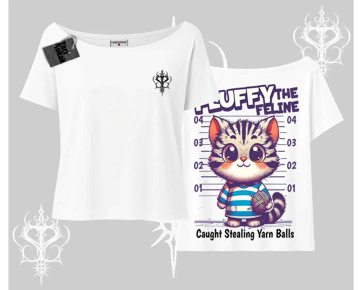 Fluffy The Feline Yazılı Sevimli Kedi Arka Baskılı Kayık Yaka Tshirt