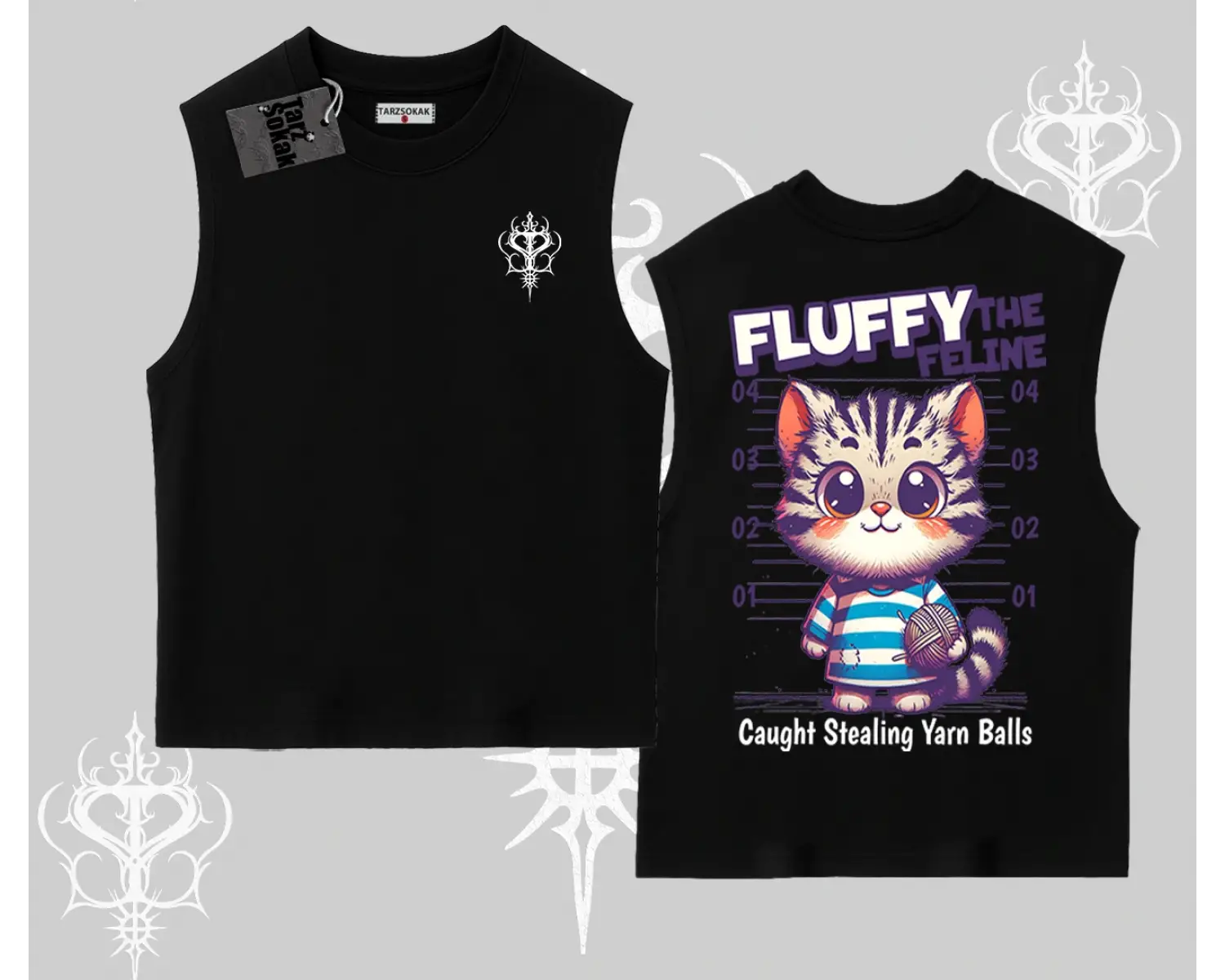 Fluffy The Feline Yazılı Sevimli Kedi Arka Baskılı Kolsuz Tshirt