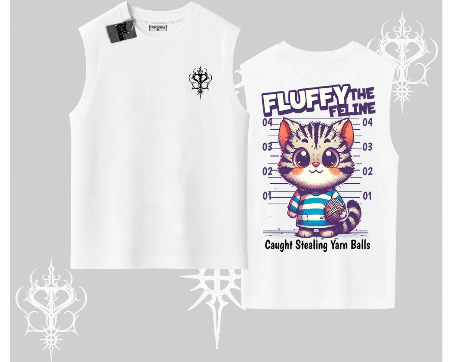 Fluffy The Feline Yazılı Sevimli Kedi Arka Baskılı Kolsuz Tshirt