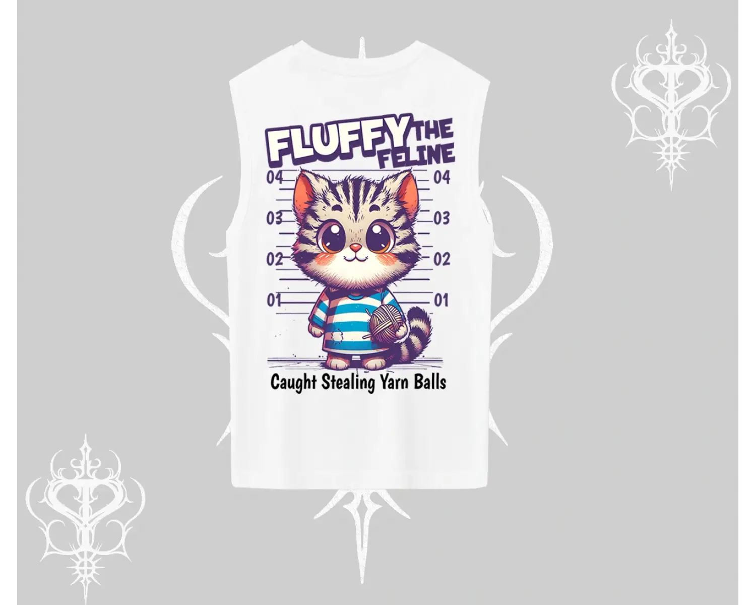 Fluffy The Feline Yazılı Sevimli Kedi Arka Baskılı Kolsuz Tshirt