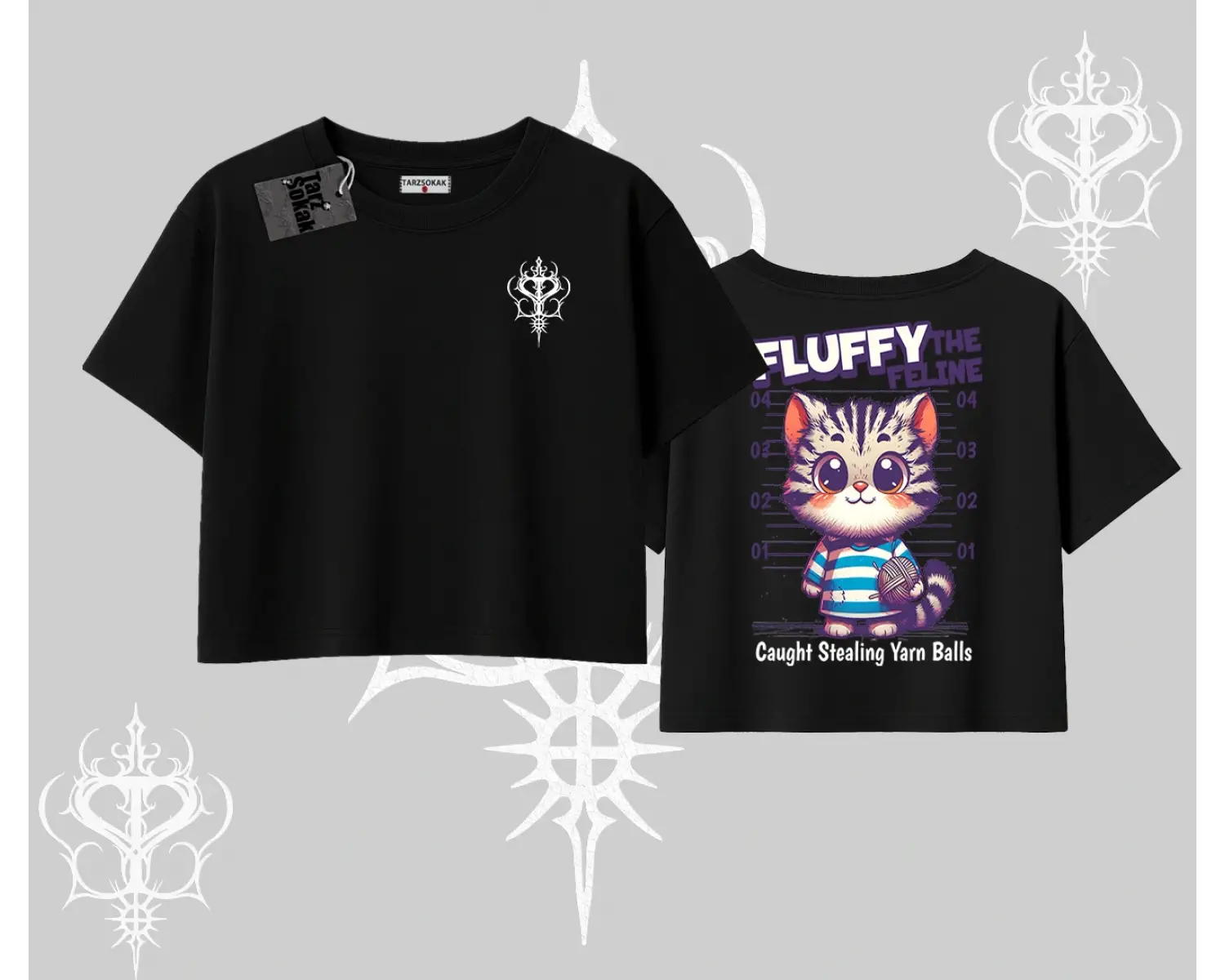 Fluffy The Feline Yazılı Sevimli Kedi Arka Baskılı Oversize Crop Tshirt