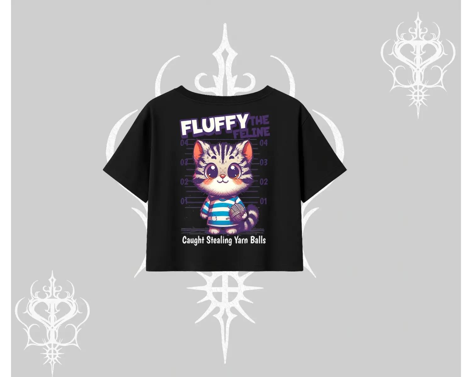 Fluffy The Feline Yazılı Sevimli Kedi Arka Baskılı Oversize Crop Tshirt
