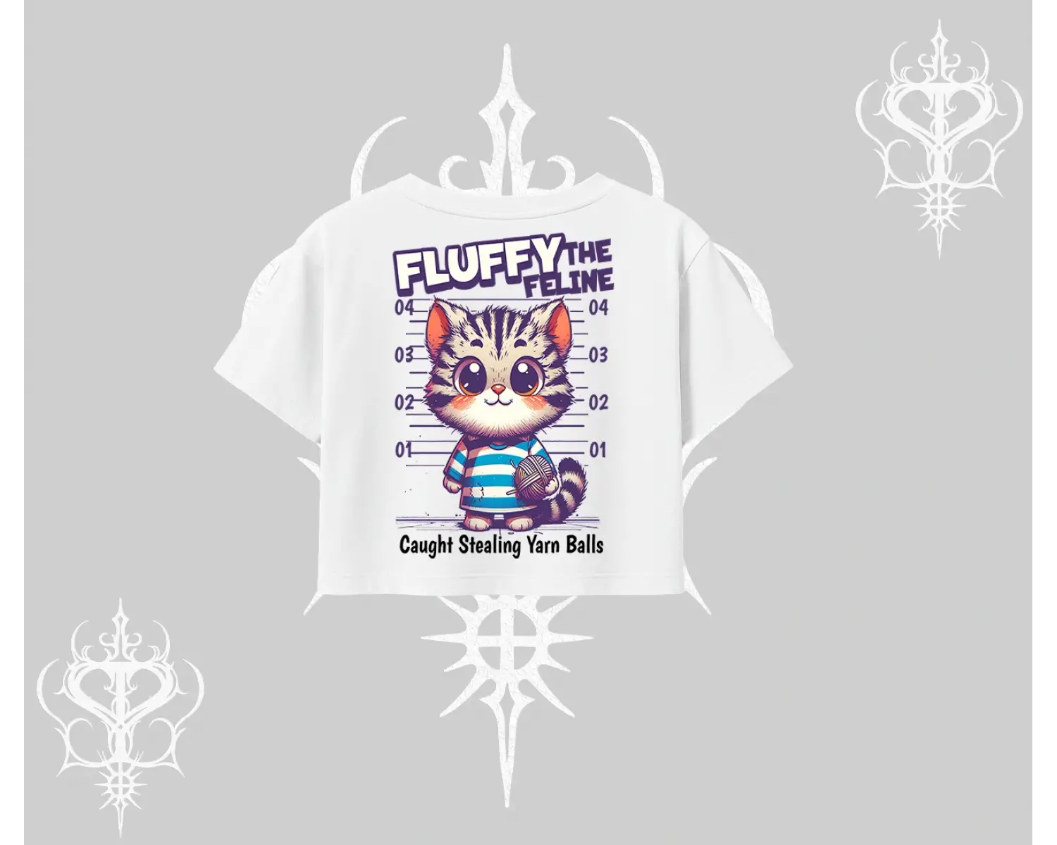 Fluffy The Feline Yazılı Sevimli Kedi Arka Baskılı Oversize Crop Tshirt