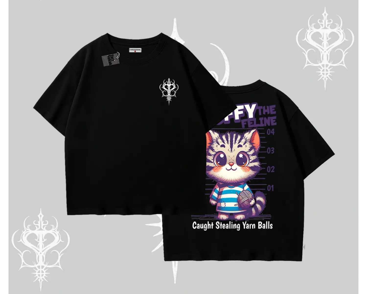 Fluffy The Feline Yazılı Sevimli Kedi Arka Baskılı Oversize Tshirt