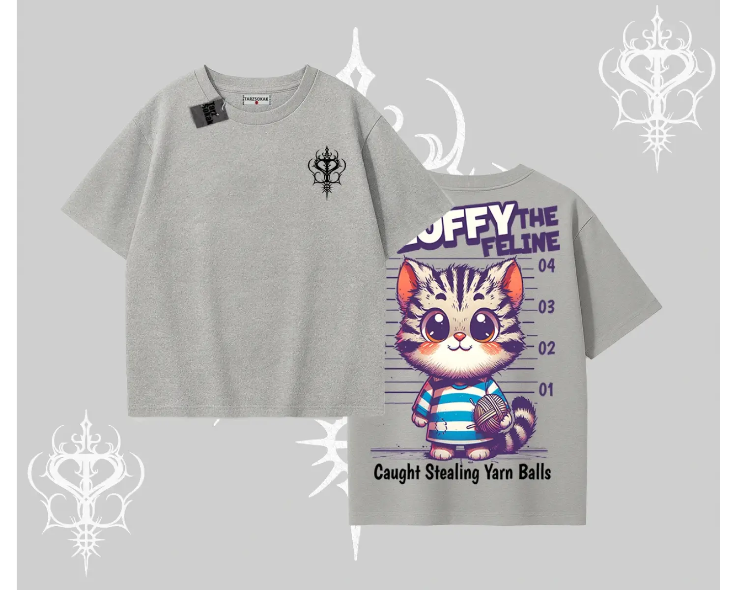 Fluffy The Feline Yazılı Sevimli Kedi Arka Baskılı Oversize Tshirt