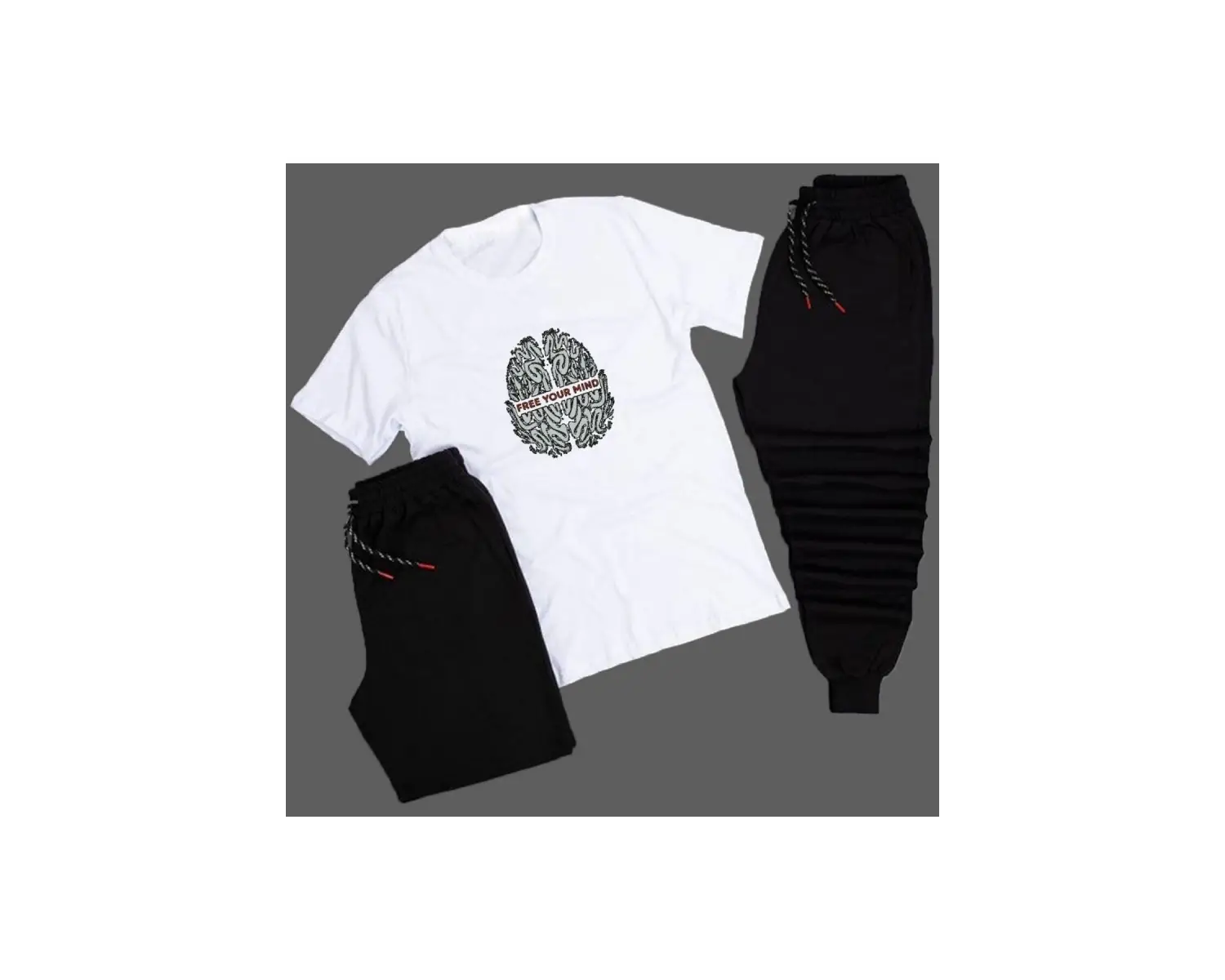 Free Your Mind Beyin Baskılı Unisex Yazlık Şort - Normal Kalıp Tişört - Eşofman Altı