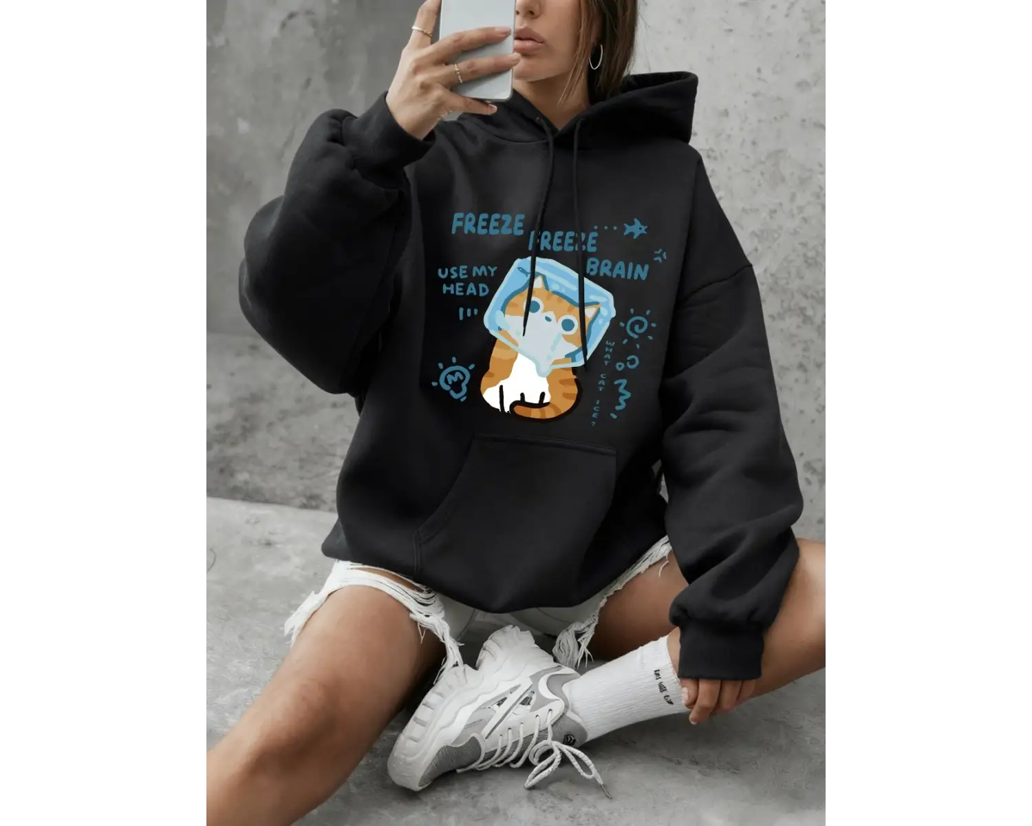 Freeze Freeze Brain Cat Baskılı Kapüşonlu Üstler Kadınlar İçin Basic Bisiklet Yaka Sweatshirt