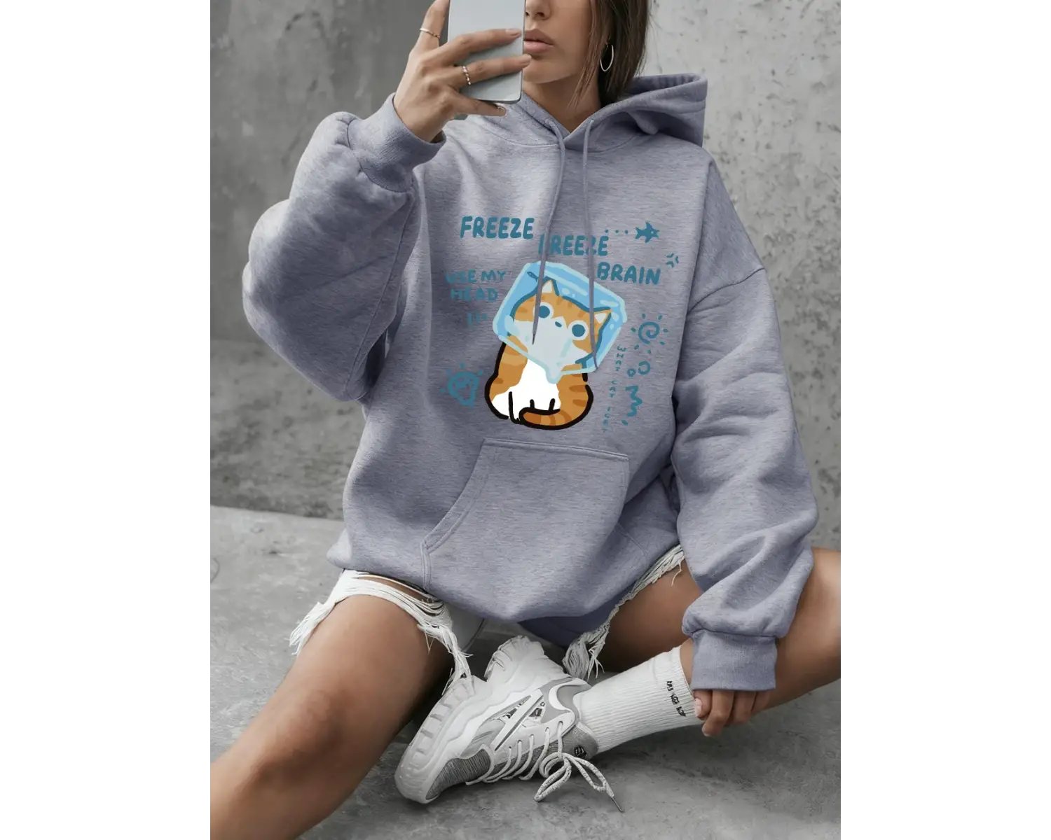 Freeze Freeze Brain Cat Baskılı Kapüşonlu Üstler Kadınlar İçin Basic Bisiklet Yaka Sweatshirt