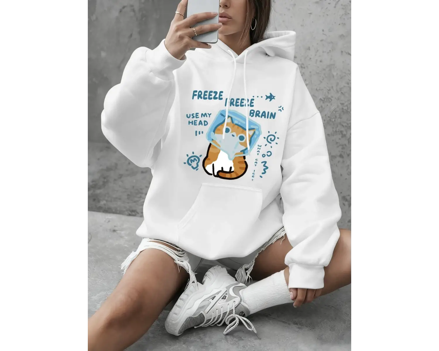Freeze Freeze Brain Cat Baskılı Kapüşonlu Üstler Kadınlar İçin Basic Bisiklet Yaka Sweatshirt