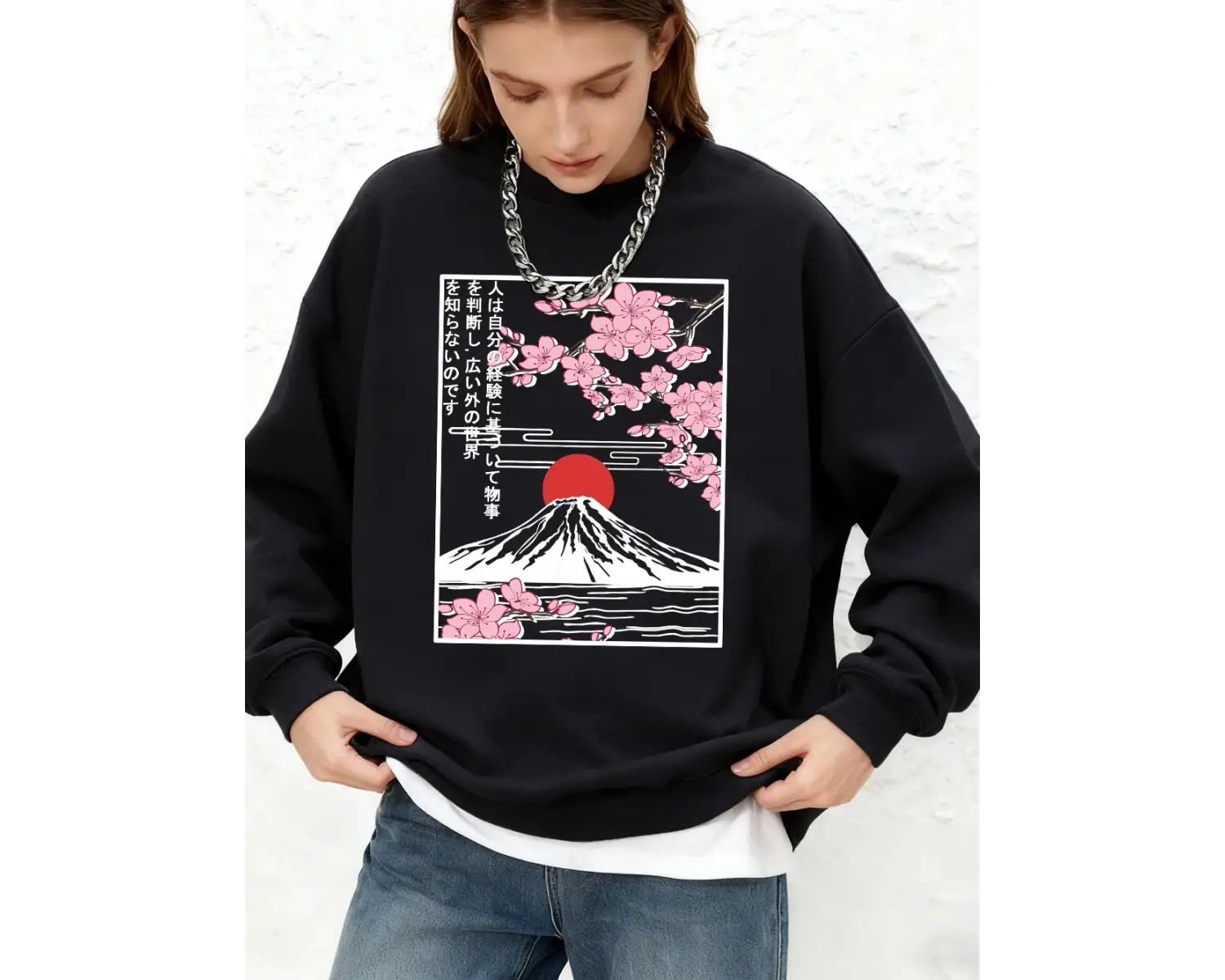 Fuji Dağı Kiraz Çiçekleri Baskılı Kadın Sweatshirtleri Kışlık Büyük Beden Kapüşonlu Spor Bisi