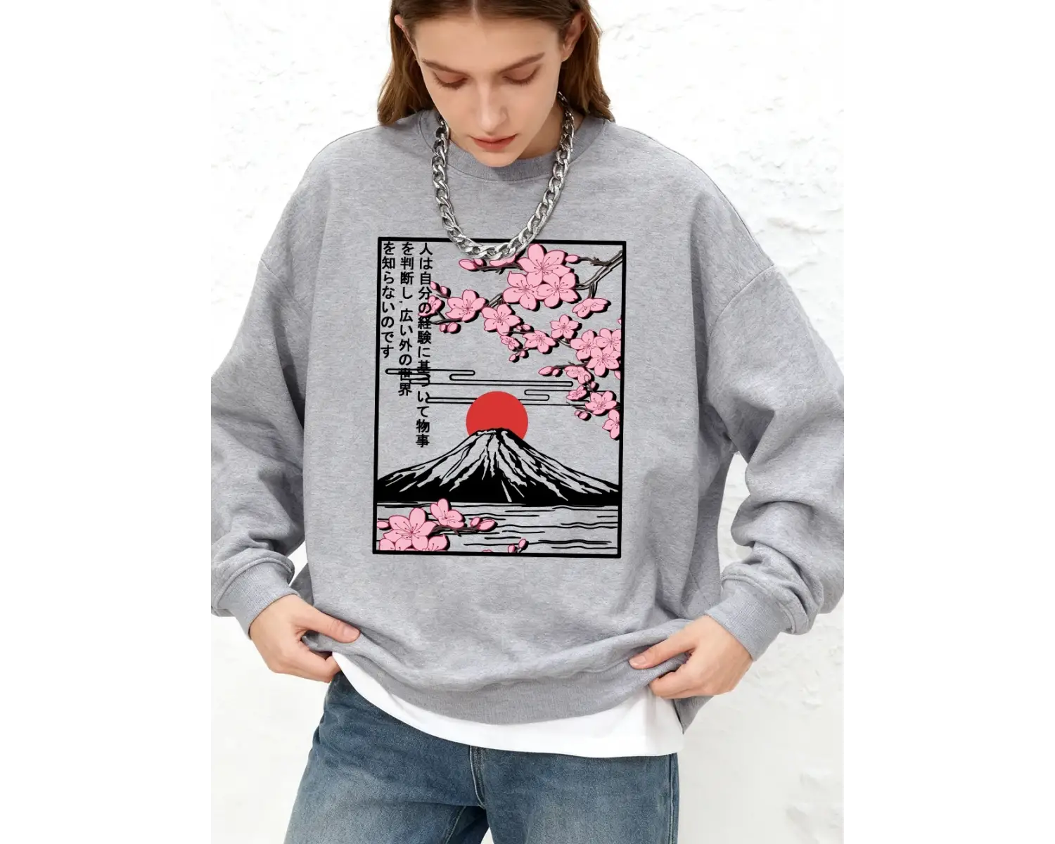 Fuji Dağı Kiraz Çiçekleri Baskılı Kadın Sweatshirtleri Kışlık Büyük Beden Kapüşonlu Spor Bisi