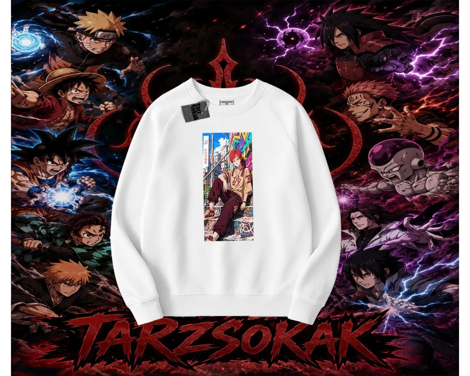 Gaara Naruto Anime Karakteri Oversize Unisex Bisiklet Yaka Sweatshirt Beyaz