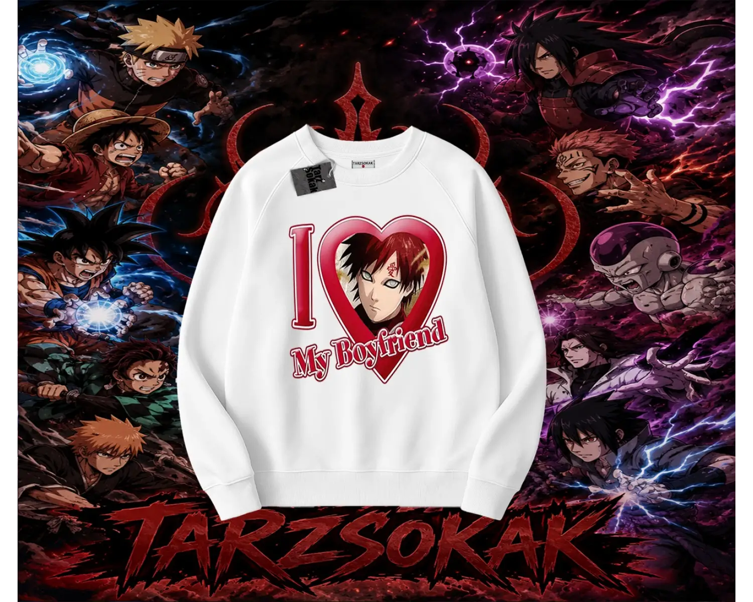 Gaara Naruto Anime Karakteri Oversize Unisex Bisiklet Yaka Sweatshirt Beyaz