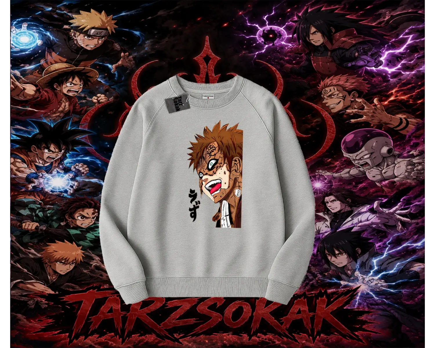 Gaara Naruto Anime Karakteri Oversize Unisex Bisiklet Yaka Sweatshirt Beyaz