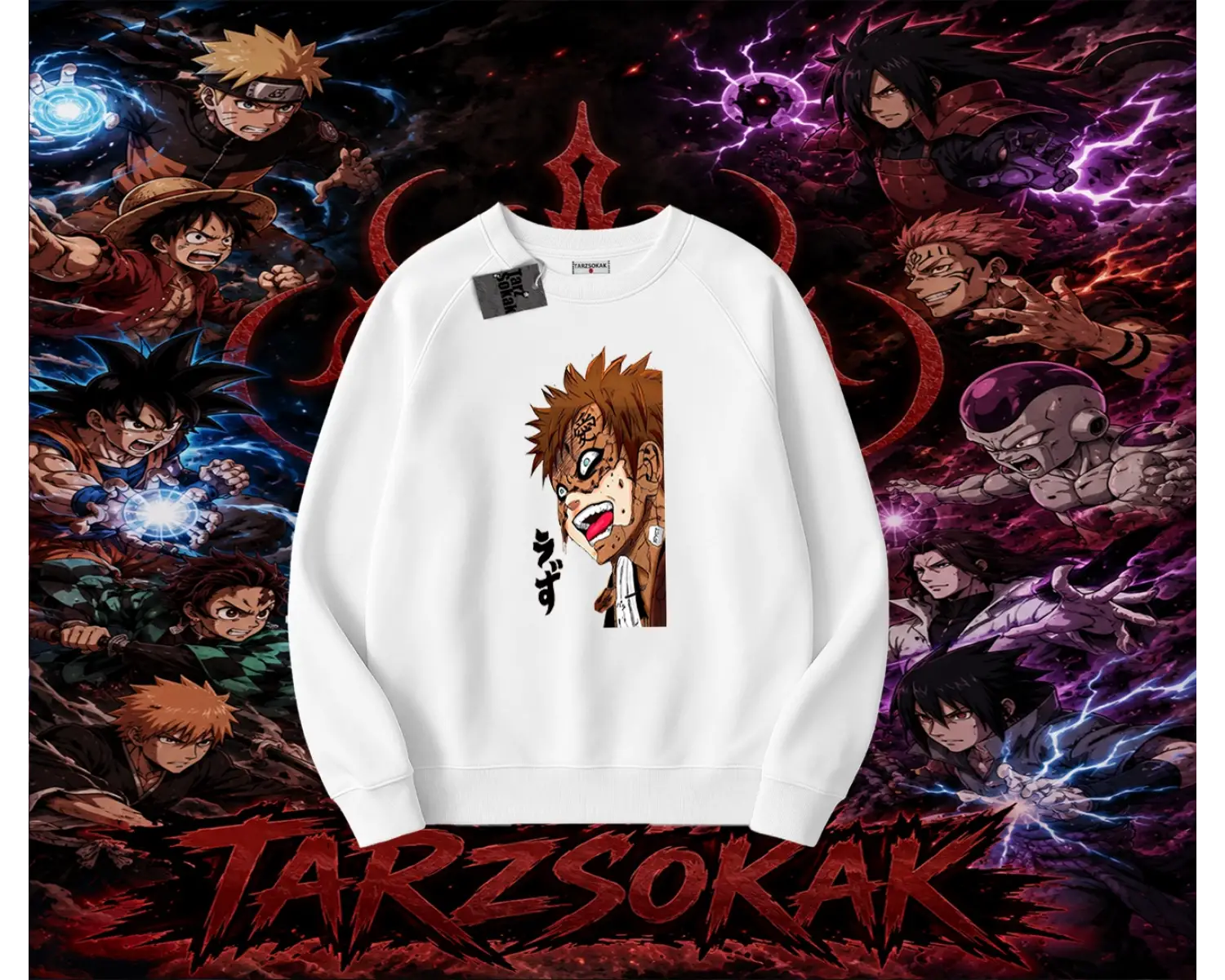 Gaara Naruto Anime Karakteri Oversize Unisex Bisiklet Yaka Sweatshirt Beyaz
