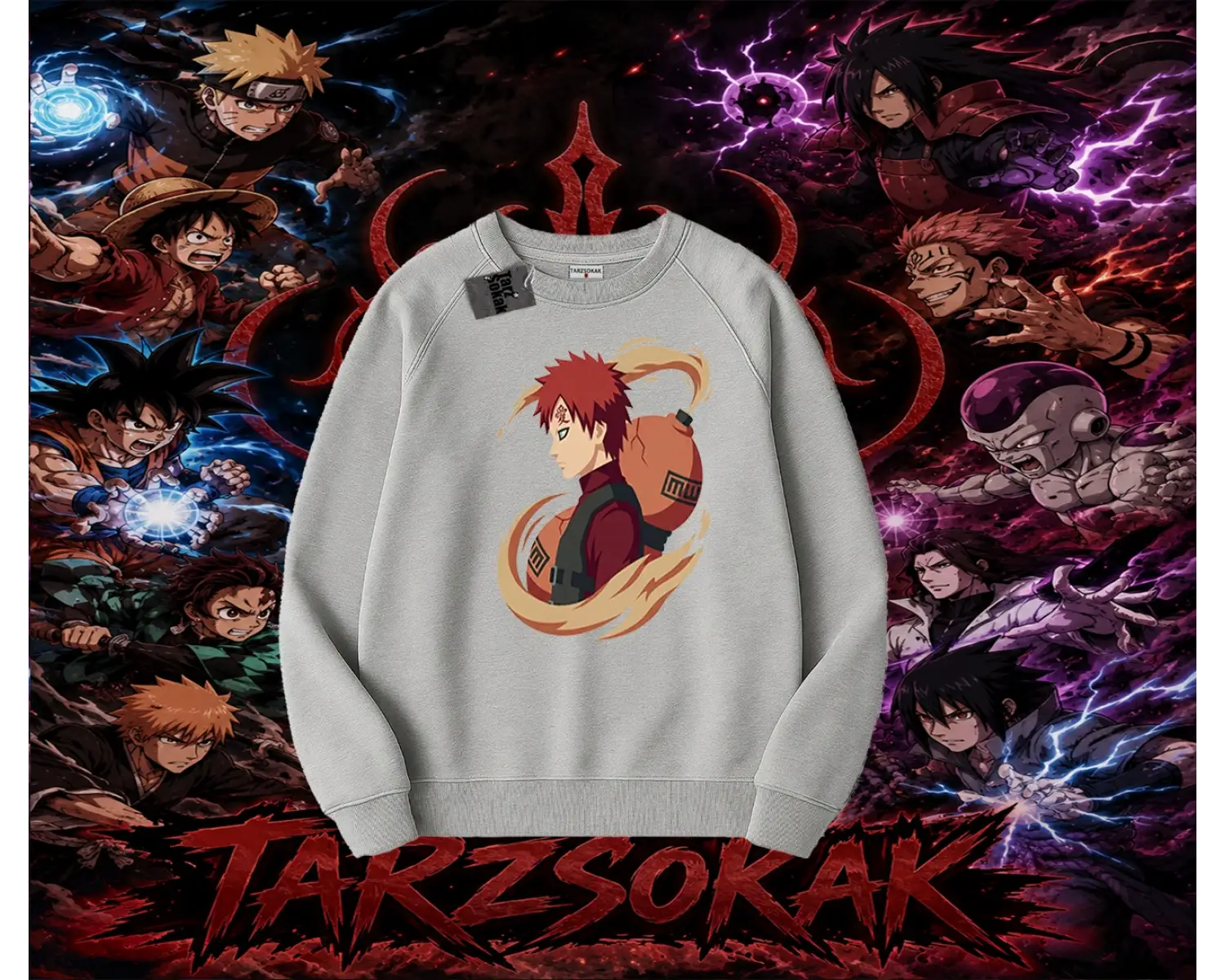 Gaara Naruto Anime Karakteri Oversize Unisex Bisiklet Yaka Sweatshirt Beyaz