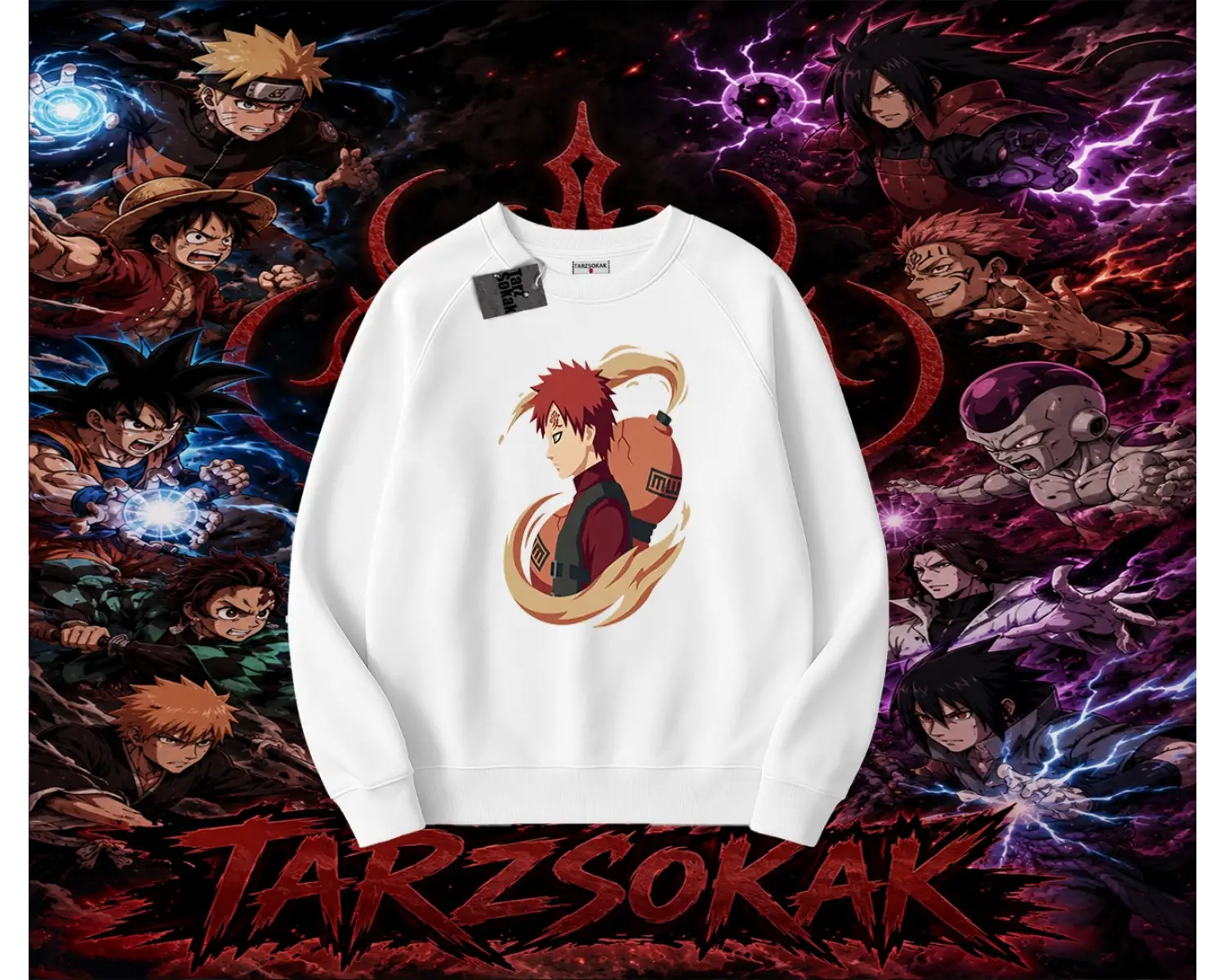 Gaara Naruto Anime Karakteri Oversize Unisex Bisiklet Yaka Sweatshirt Beyaz