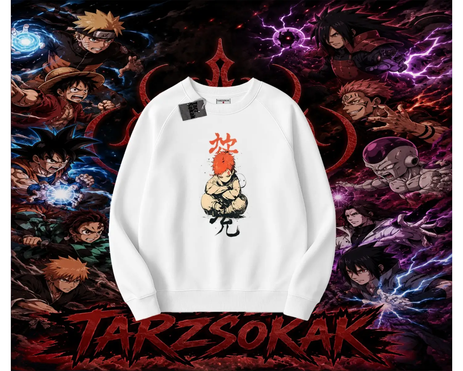Gaara Naruto Anime Karakteri Oversize Unisex Bisiklet Yaka Sweatshirt Beyaz
