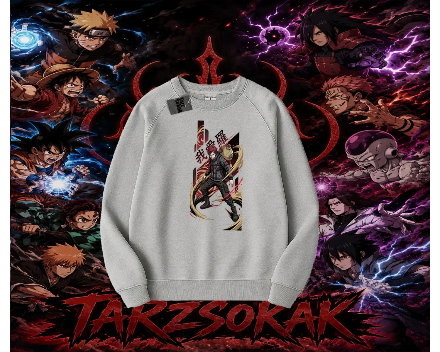 Gaara Naruto Anime Karakteri Oversize Unisex Bisiklet Yaka Sweatshirt Beyaz