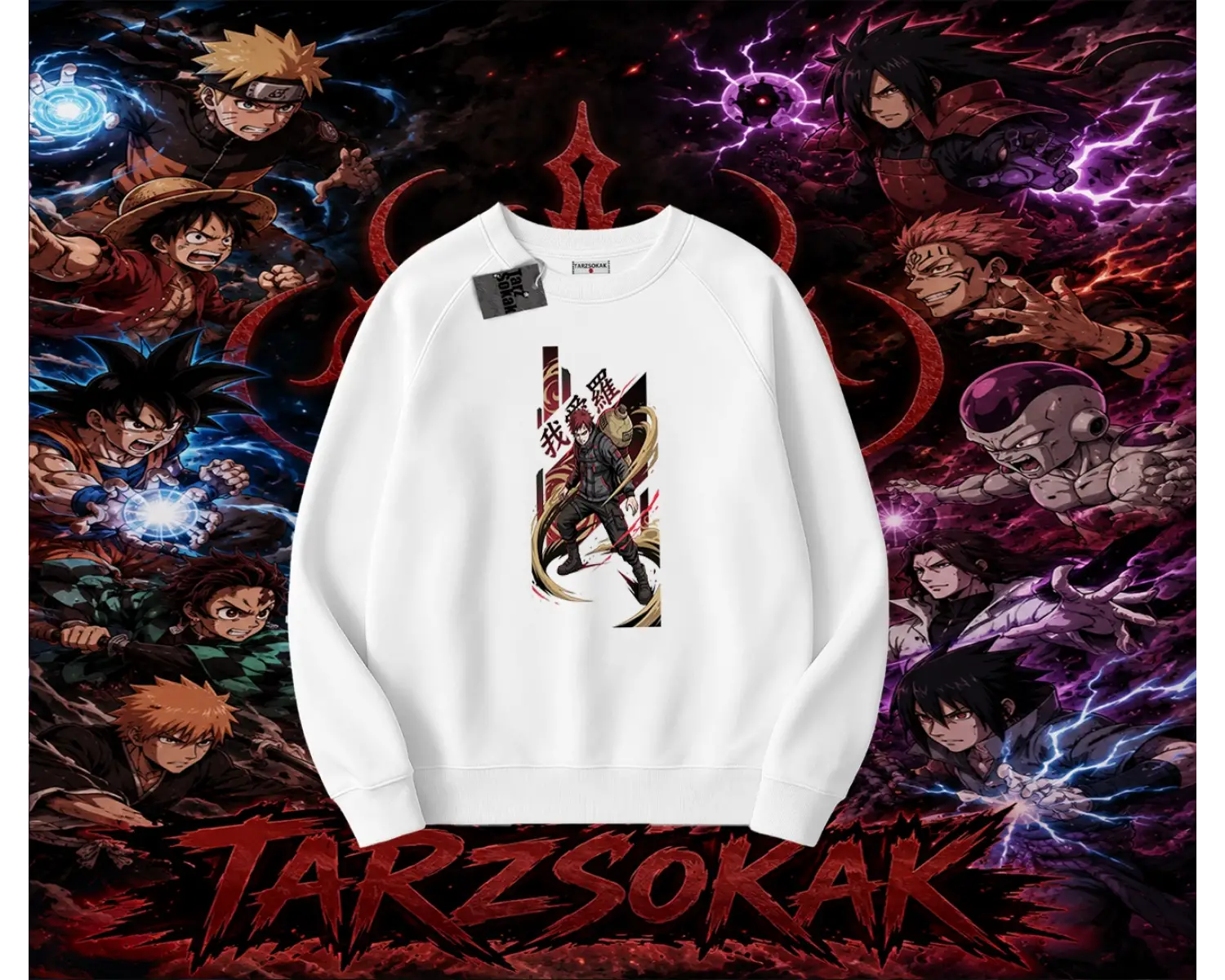 Gaara Naruto Anime Karakteri Oversize Unisex Bisiklet Yaka Sweatshirt Beyaz