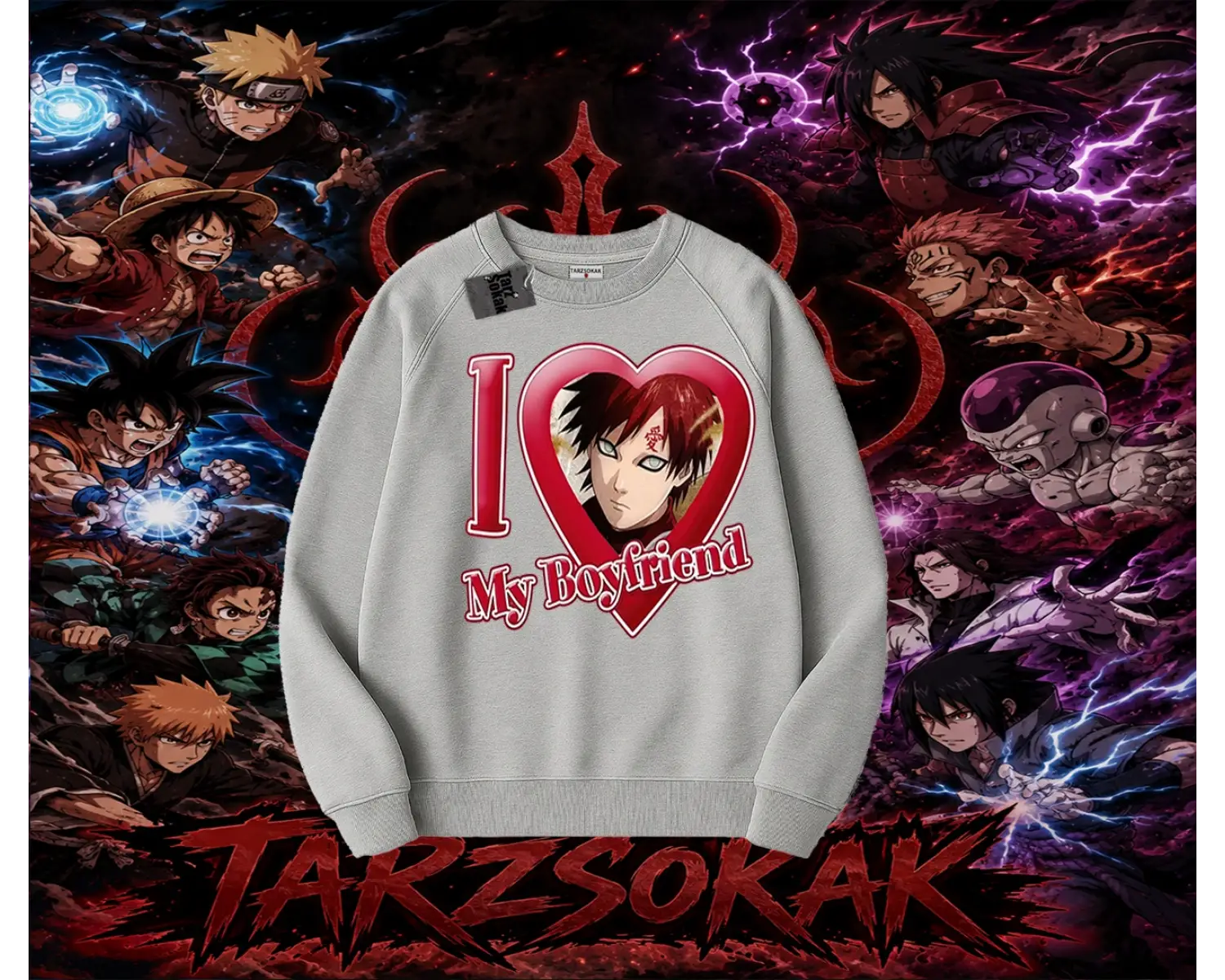 Gaara Naruto Anime Karakteri Oversize Unisex Bisiklet Yaka Sweatshirt Beyaz