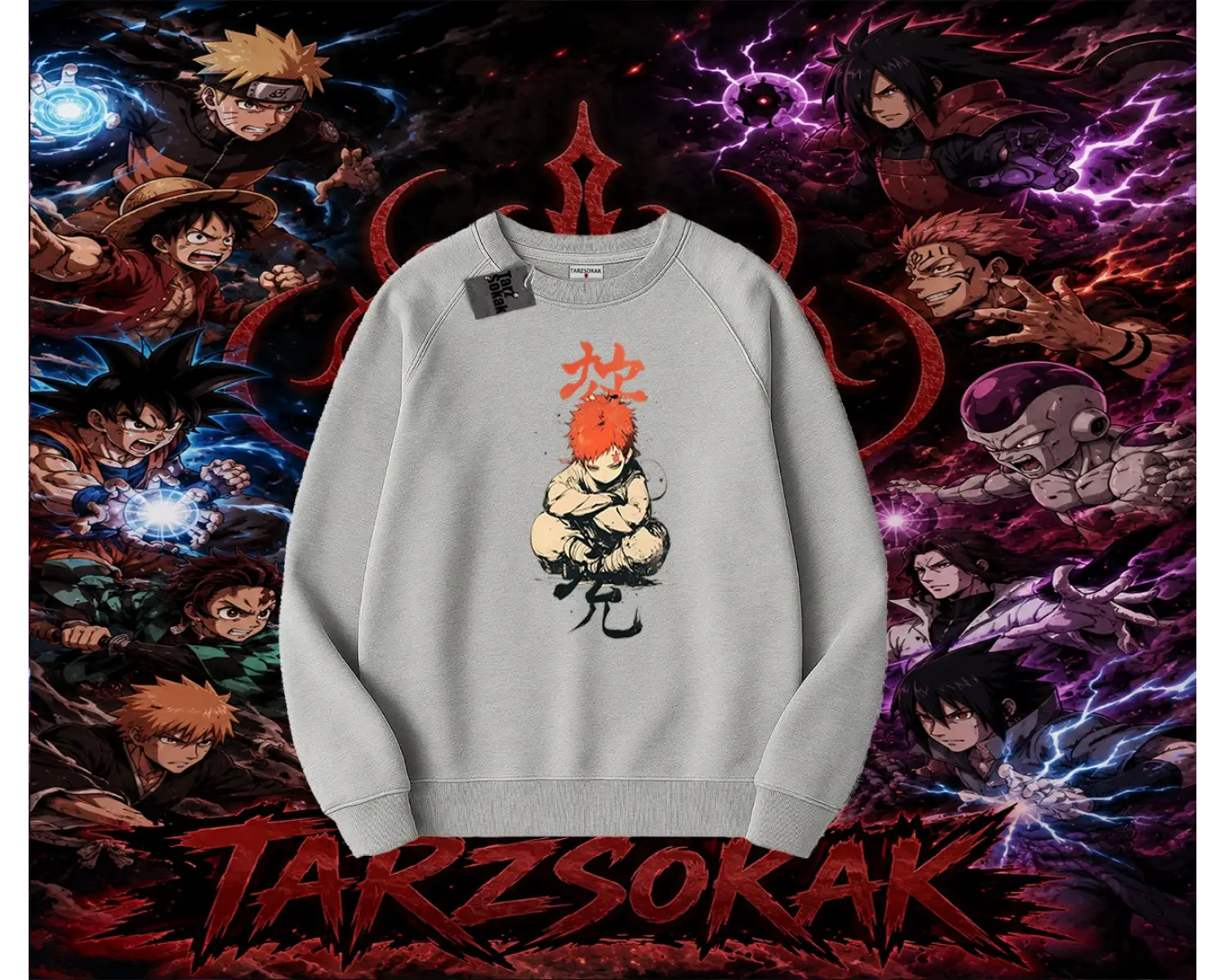 Gaara Naruto Anime Karakteri Oversize Unisex Bisiklet Yaka Sweatshirt Beyaz