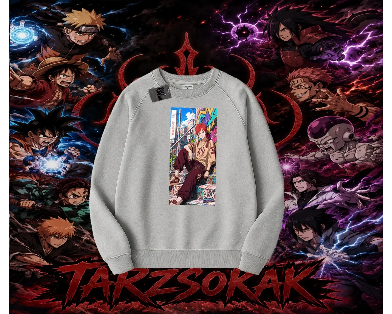 Gaara Naruto Anime Karakteri Oversize Unisex Bisiklet Yaka Sweatshirt Beyaz